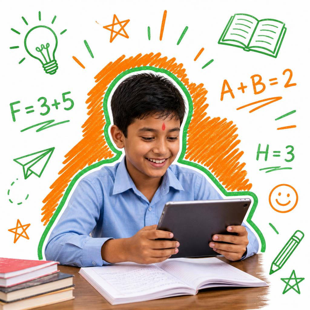A young Nepali dreamer learning with a tablet, surrounded by doodles