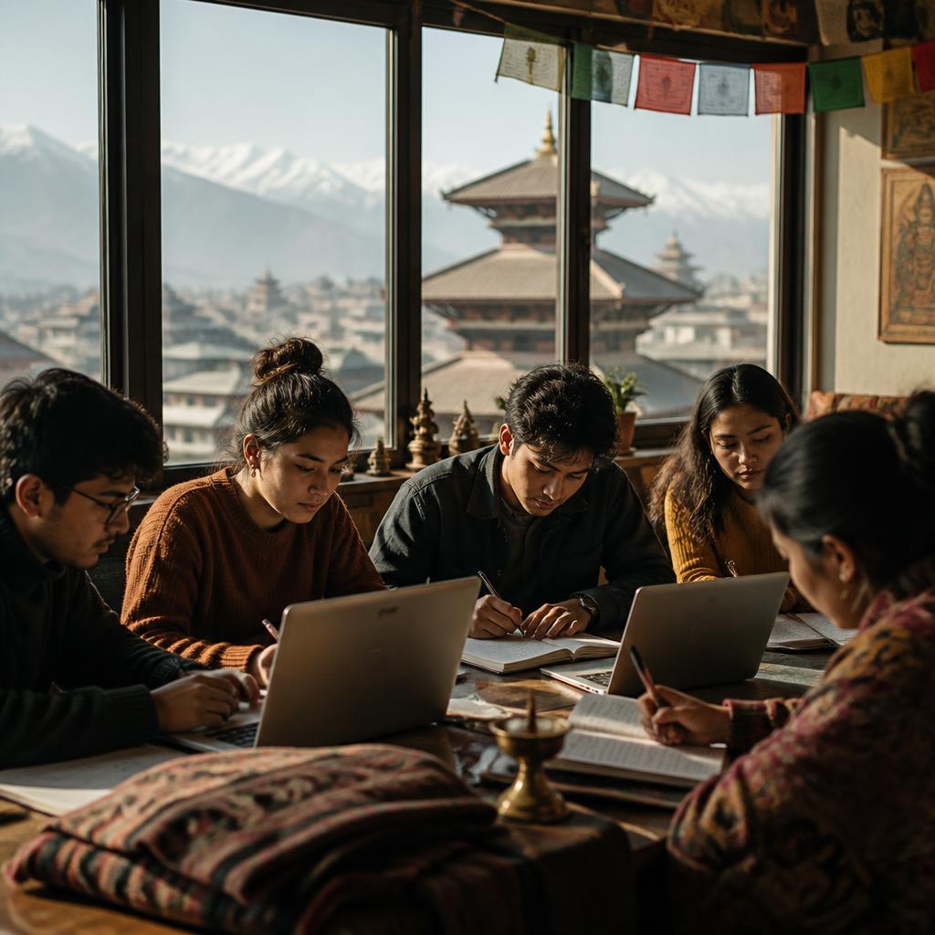 Nepali students learning together with Kathmandu pagodas and Himalayas in the background
